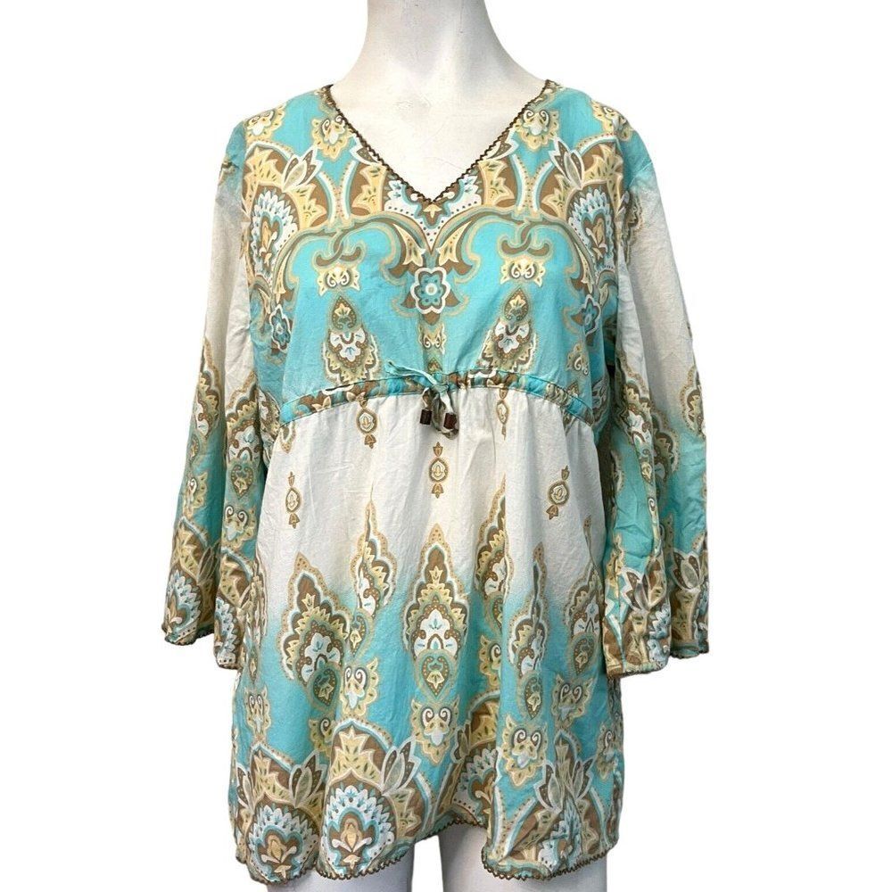 Harold's Women's Large V Neck Smock Top Blouse Pullover Tunic Turquoise Tan